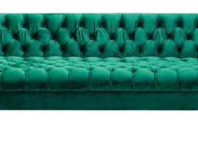 Zaļās trīsvietīgas auduma "Chesterfield" dizaina dīvāns ar polsteri, 230 cm platums.